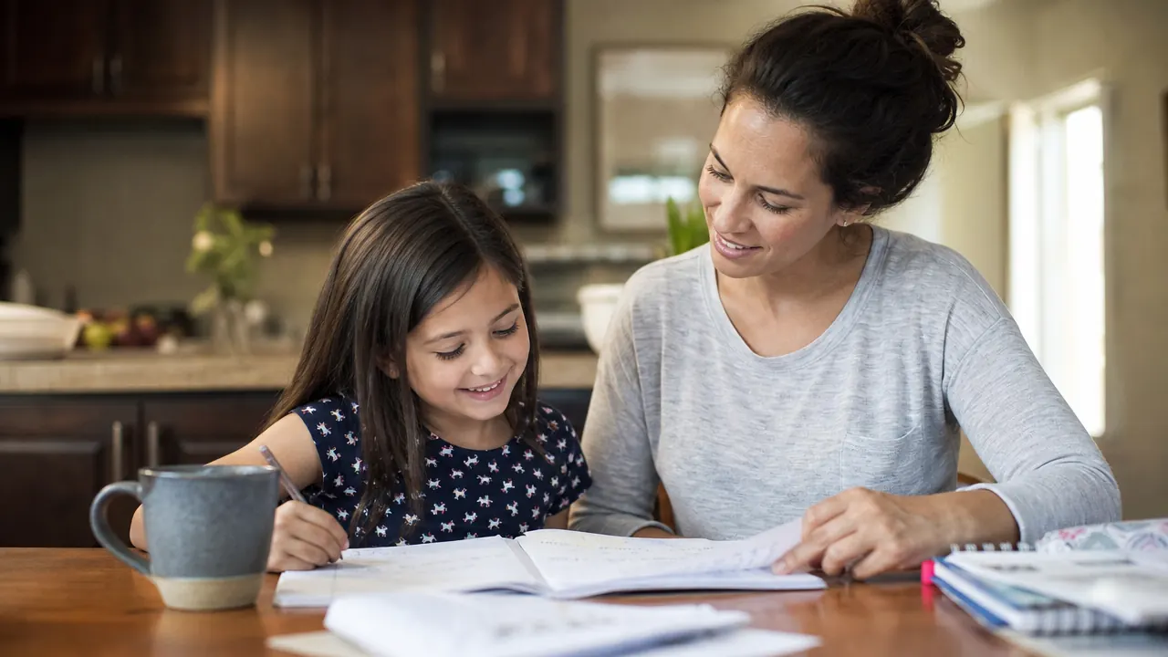 Parent and child reviewing completed workbook pages together at a kitchen table, both smiling