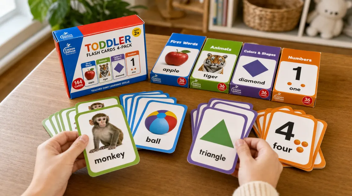 Close-up of Carson Dellosa Toddler Flash Cards spread on a table showing alphabet, numbers, and sight word cards