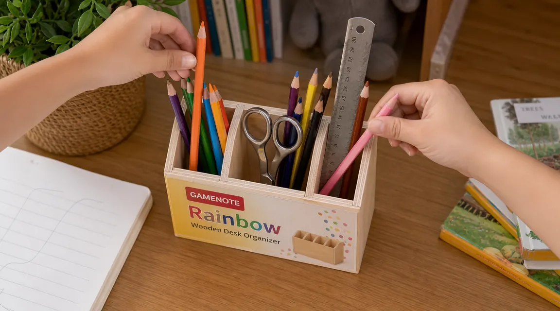 Close-up of the GAMENOTE rainbow wooden desk organizer filled with colored pencils and markers on a homework desk