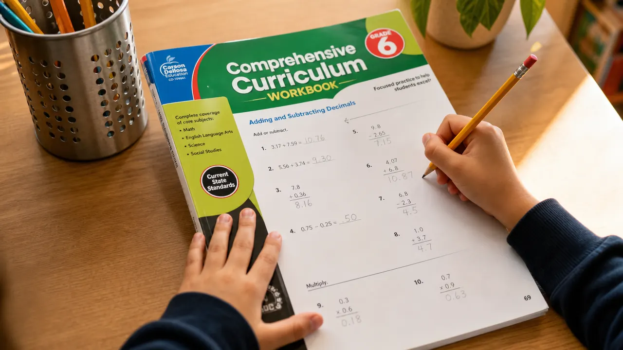 Close-up of the Carson Dellosa Comprehensive Curriculum workbook open to a math page with a child's pencil markings