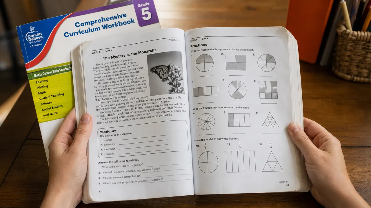 Open Carson Dellosa Comprehensive Curriculum workbook showing a reading comprehension page and a math fractions page side by side