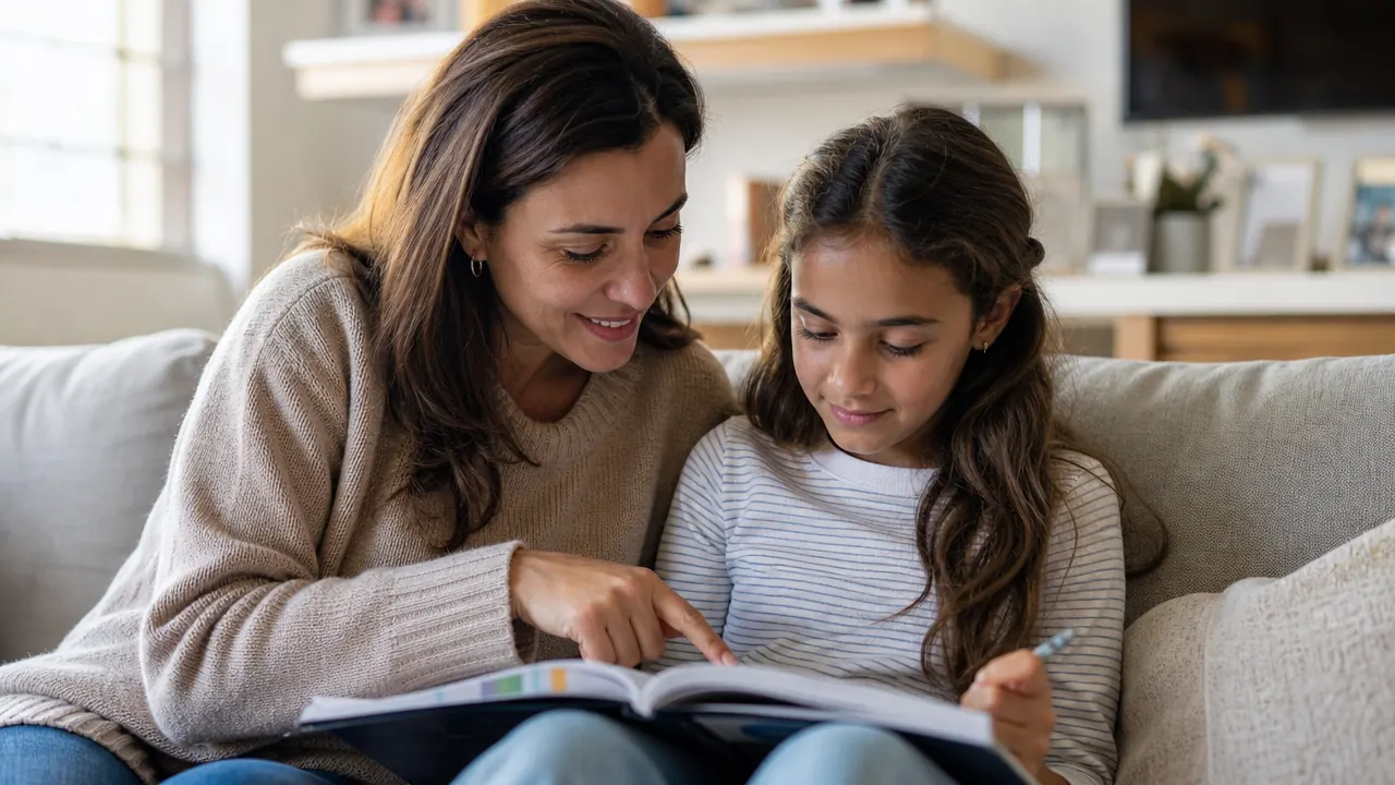 Mother and daughter sitting together on a couch reviewing a workbook page, mom pointing at a problem while the daughter holds a pencil