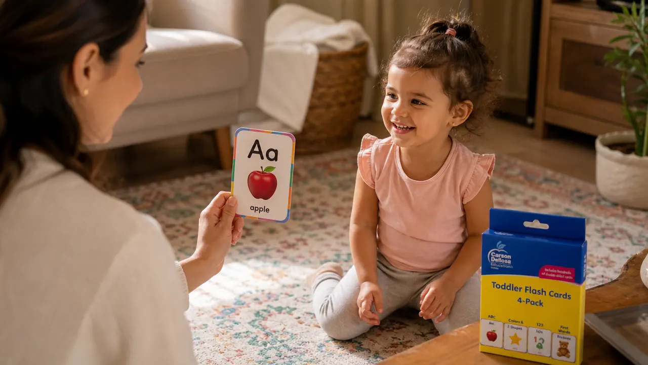 Parent holding a Carson Dellosa alphabet flash card in front of a toddler sitting on a rug