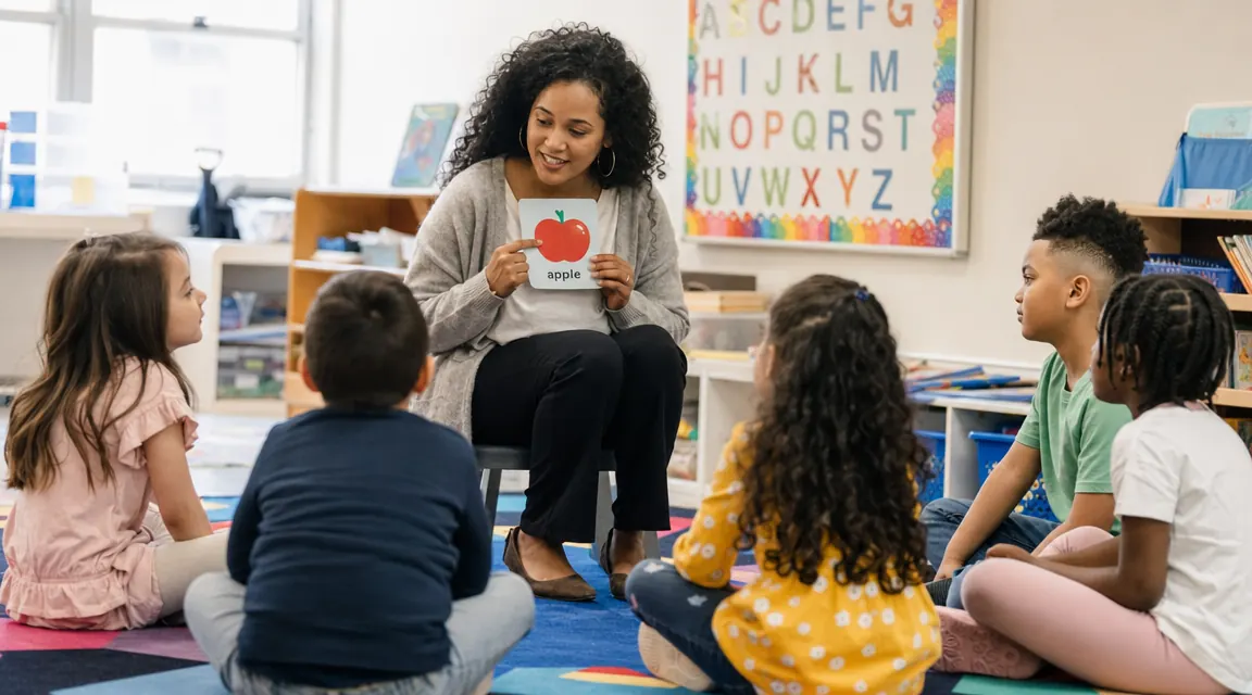 Classroom scene with kindergartners sitting in a circle while a teacher holds up a flash card