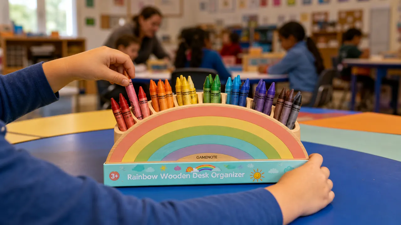 Child placing crayons into the rainbow-painted wooden dividers of a GAMENOTE desk organizer on a classroom table