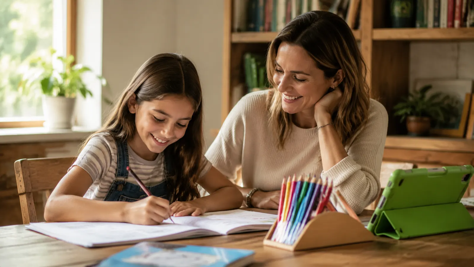 A parent and child building a learning project together at a sunlit kitchen table