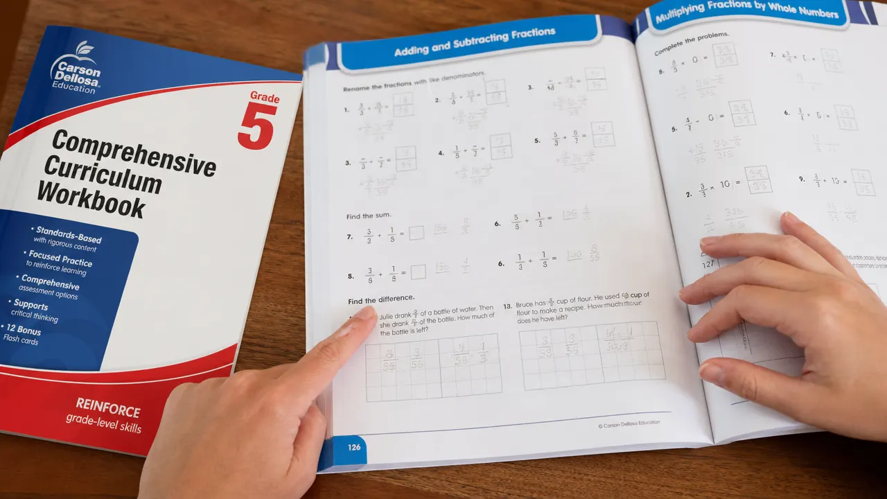 Close-up of a hand pointing at a colorful math worksheet inside a thick fifth-grade workbook
