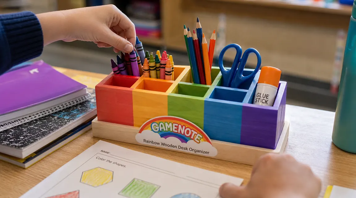 Close-up of the GAMENOTE rainbow wooden desk organizer filled with colored pencils, markers, scissors, and a glue stick on a student desk