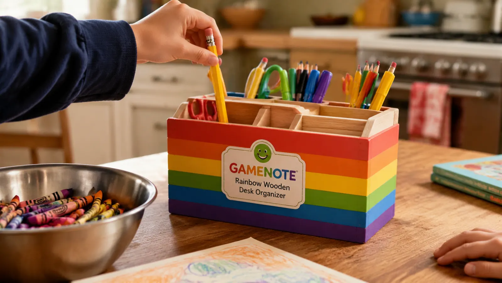GAMENOTE Rainbow Wooden Desk Organizer on a child's desk with pencils, markers, and scissors sorted into individual slots