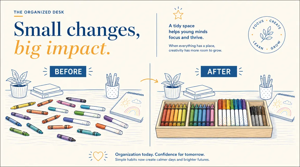 Simple diagram showing a before-and-after desk setup, left side cluttered with loose supplies, right side with everything in a labeled organizer
