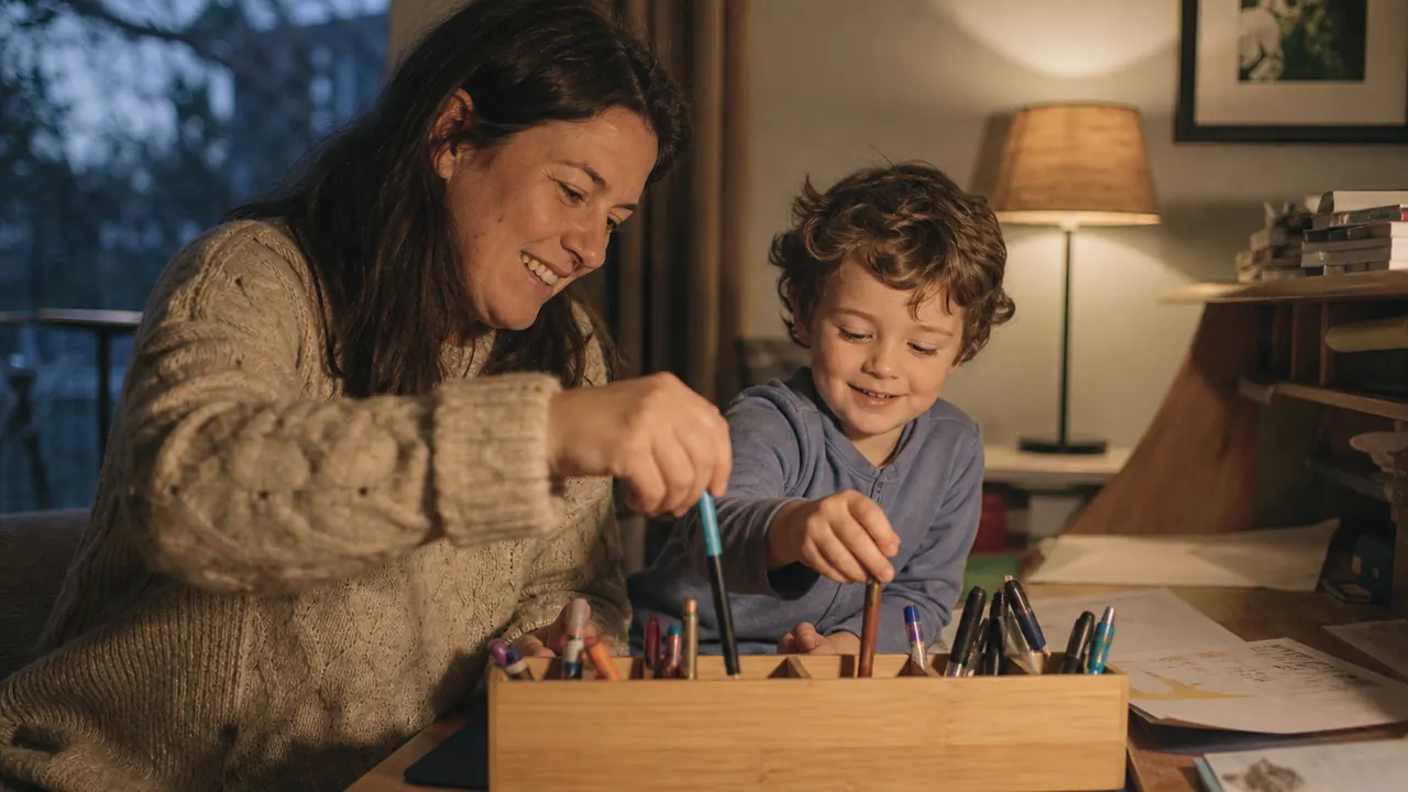 Parent and child doing a quick nightly desk reset together, putting pencils back into the wooden organizer before bedtime