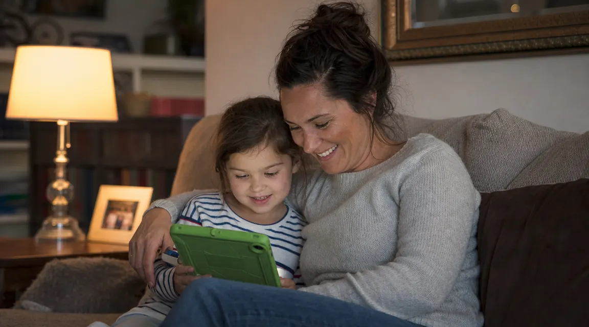 Parent and young child sitting together on a couch looking at a learning tablet