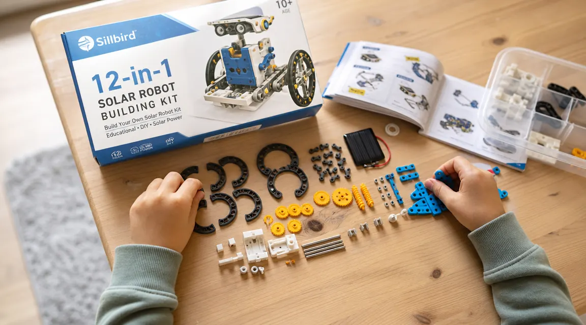Close-up of a child's hands sorting colorful robot kit pieces into small groups on a table