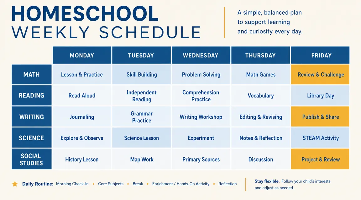A simple weekly homeschool schedule chart showing morning subject blocks filled in across five days