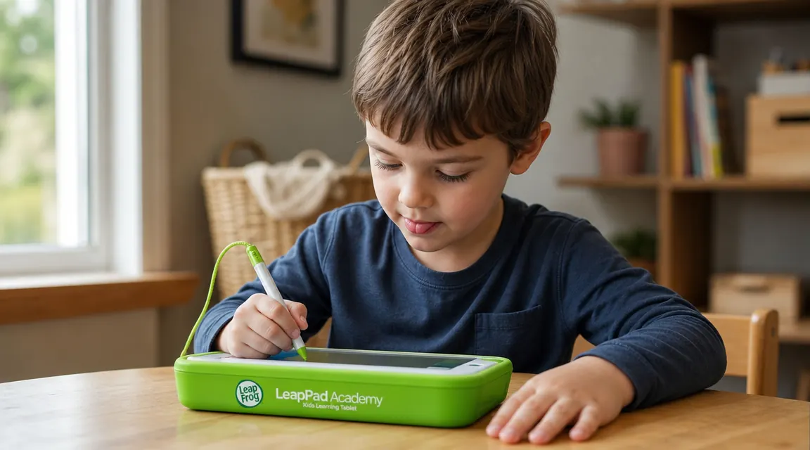 Young boy pressing the stylus to the screen of a LeapFrog LeapPad Academy, tracing letters in a writing app, focused expression