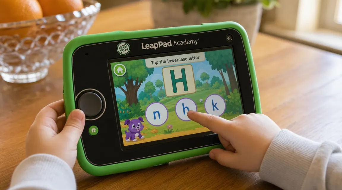 Close-up of a child's hands navigating a learning app on the LeapFrog LeapPad Academy tablet screen