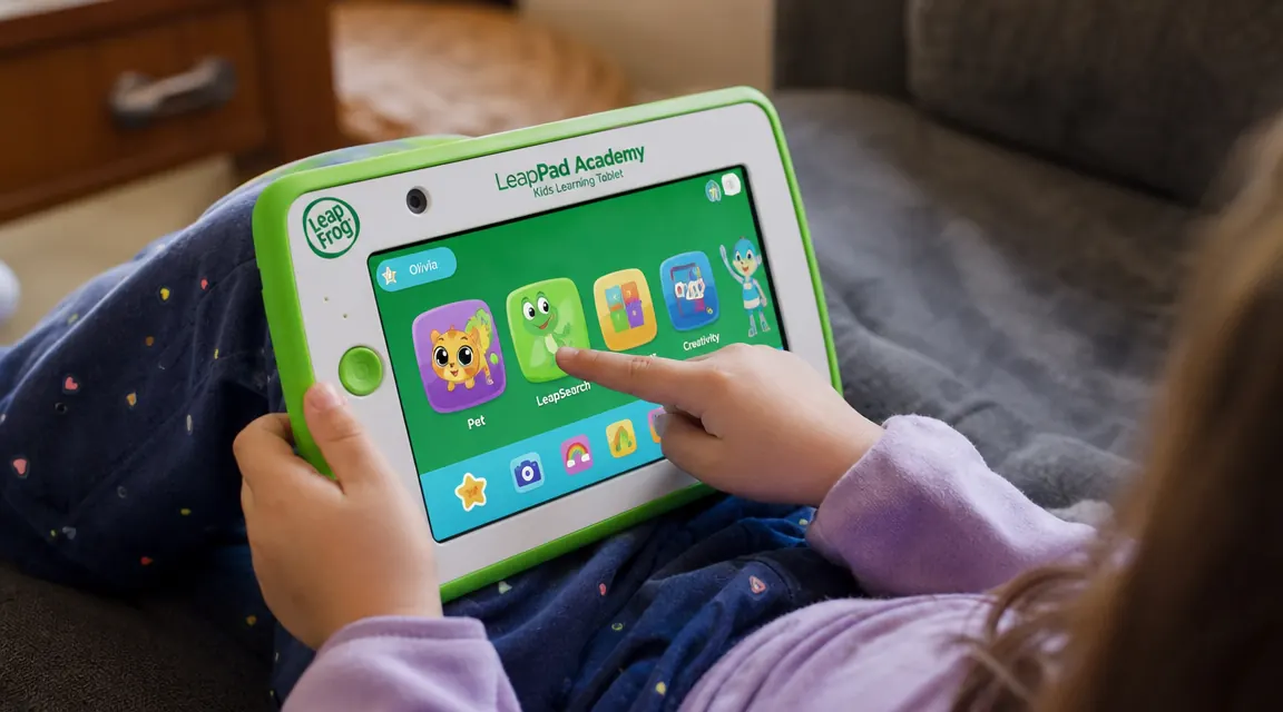 Child holding a LeapFrog LeapPad Academy tablet and tapping the screen with one finger