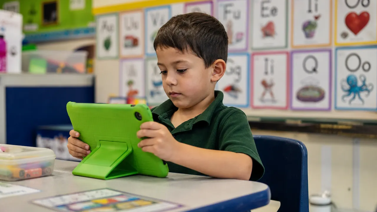 Young child sitting at a classroom table using a green tablet with educational content on screen