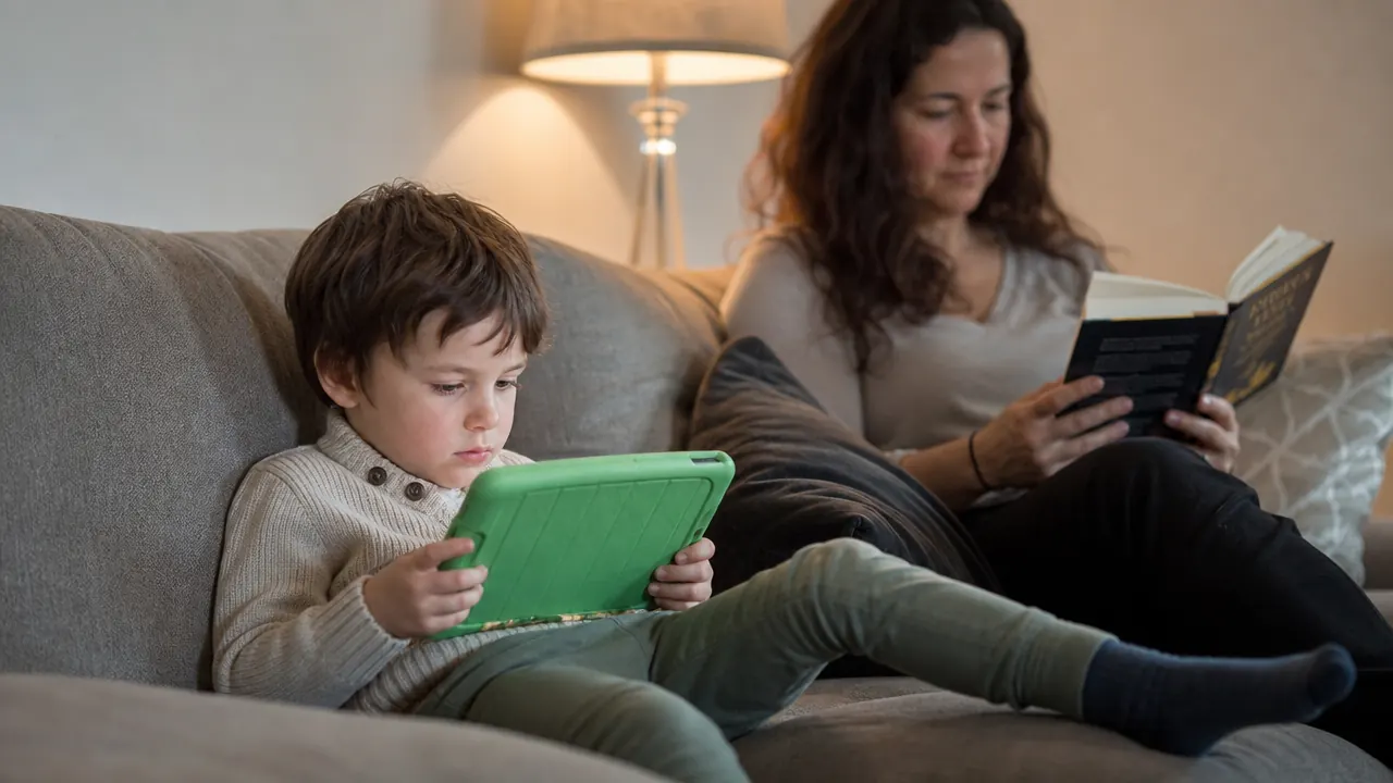 Calm child focused on a learning tablet while a parent reads nearby, no arguing, peaceful afternoon