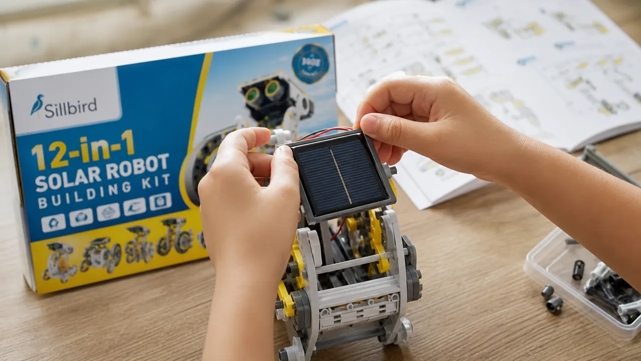 Close-up of a child's hands snapping together the solar panel component on a Sillbird robot kit