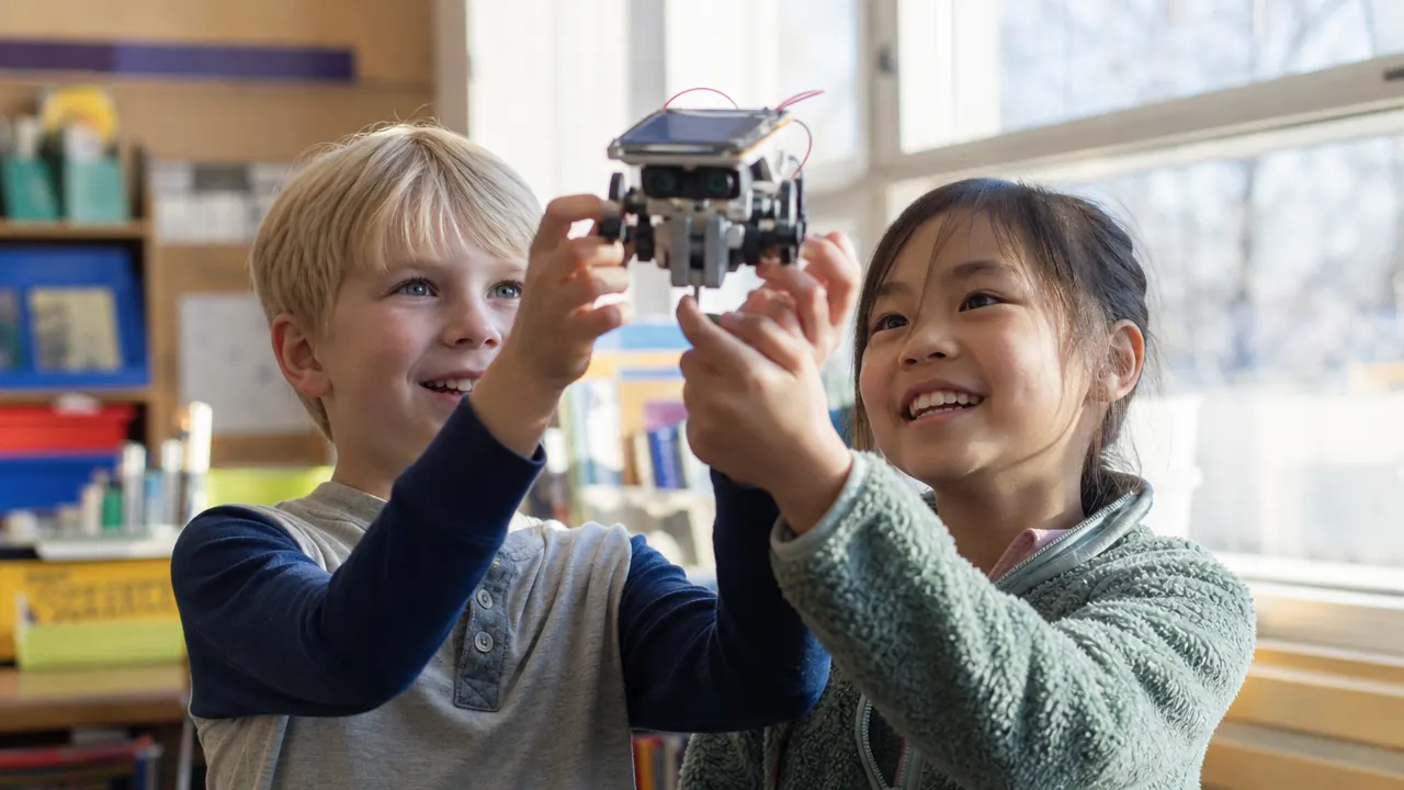 Two children holding up a completed Sillbird solar robot in front of a sunny classroom window, smiling