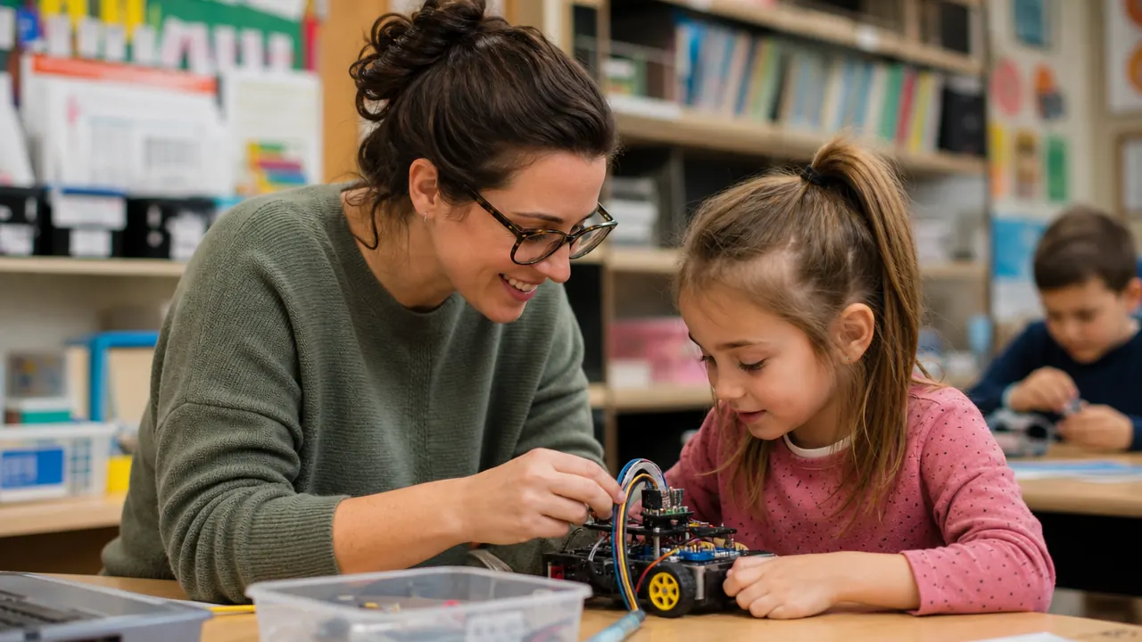 A teacher kneeling beside a student at a classroom desk, both looking at a partially assembled solar robot, other students working in the background