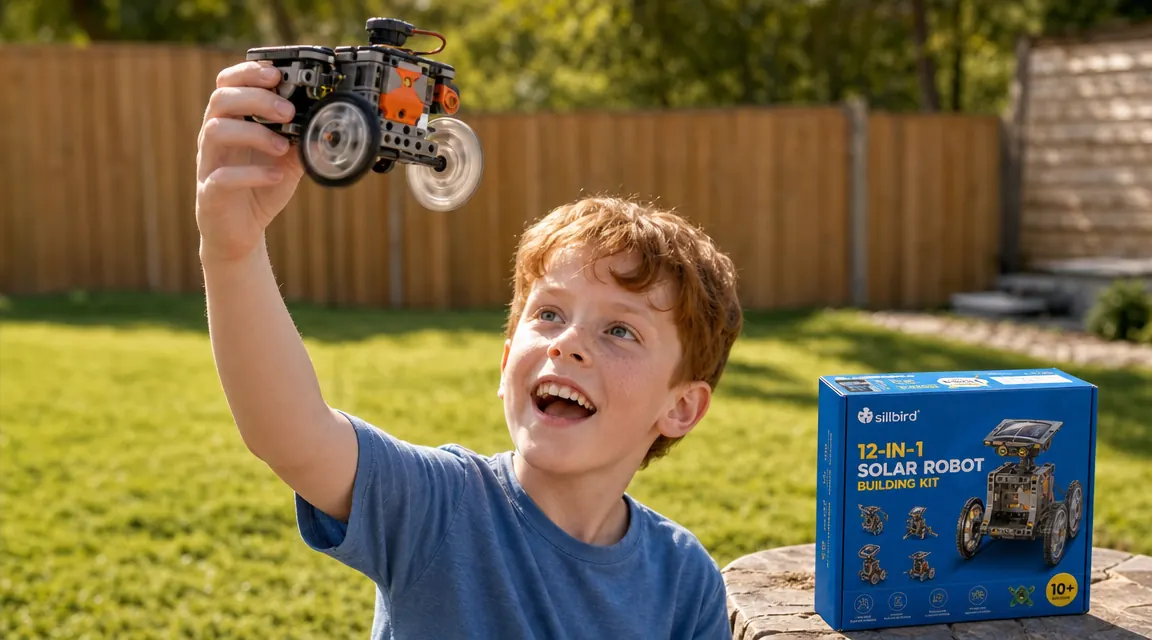 Child holding the completed Sillbird solar robot outdoors in sunlight, robot visibly moving