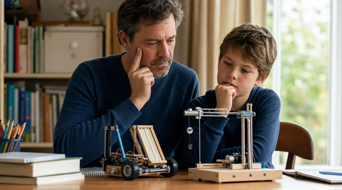 Parent and child reviewing completed STEM project builds laid out on a table side by side