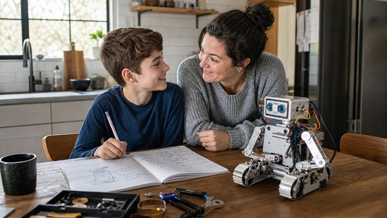 Mom and son sitting together at the kitchen table reviewing a science notebook after building the robot